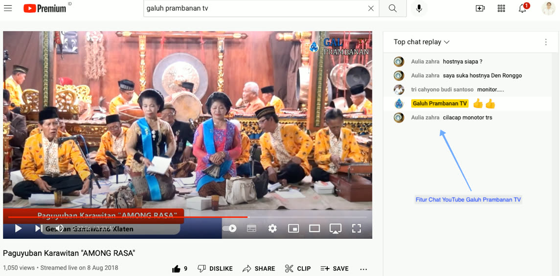 Gambar 5.24 Tangkapan Layar Fitur Chat YouTube Galuh Prambanan TV